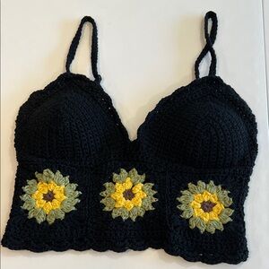 Unbranded Black Crochet Top with Sunflower Design